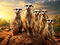 Big Animal family. Funny image from Africa nature. Cute Meerkat Suricata suricatta sitting on the stone