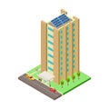 Big apartment house, cars, taxi and people isometric vector illustration