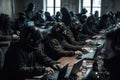 big army of hackers, who are working with laptops to perform various activities related to cyberattacks, espionage, or