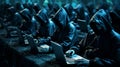 big army of hackers, who are working with laptops to perform various activities related to cyberattacks, espionage, or