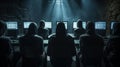big army of hackers, who are working with laptops to perform various activities related to cyberattacks, espionage, or