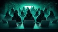 big army of hackers, who are working with laptops to perform various activities related to cyberattacks, espionage, or