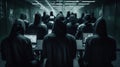 big army of hackers, who are working with laptops to perform various activities related to cyberattacks, espionage, or