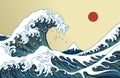 Japan great wave vector illustration. Golden line.