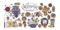 Big autumn icon set. Cozy fall hand drawn vector illustration.