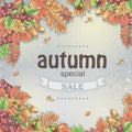 Big autumn sale with the image of autumn leaves, chestnuts, acorns and berries of Viburnum Royalty Free Stock Photo