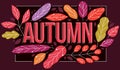 Big autumn word surrounded by red and yellow leaves of European forests vector flat style illustration on dark background, beauty