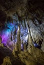 Big Azishskaya cave with speleothem, stalactites, stalagmites and stalagnates