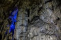 Big Azishskaya cave with speleothem, stalactites, stalagmites and stalagnates