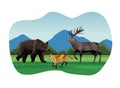 Big bear and fox with reindeer animals in the landscape scene