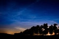 Big bear, starry night sky, trees along the road with a yellow glow of light Royalty Free Stock Photo