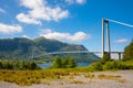 Big beautiful cable-braced bridge above fjord, Norway