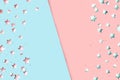 Big beautiful festive holiday background, banner with stars and confetti. Shining celebration background on pink and blue colors Royalty Free Stock Photo