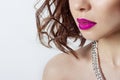 Big beautiful sensual girls lips with bright pink lipstick,beauty fashion photography Royalty Free Stock Photo