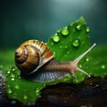 Big beautiful snail on a green leaf closeup