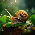 Big beautiful snail on a green leaf closeup