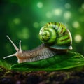 Big beautiful snail on a green leaf closeup