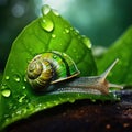 Big beautiful snail on a green leaf closeup