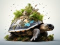 A big beautiful turtle on shell carries the planet Earth with green trees, seas and mountains