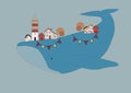 Big beautiful whale with houses and trees in the back. Isolated objects on blue background. Animal in the sea and ocean