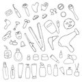 Big Beauty set. Skin care and beauty signs, beauty tools, spa salon and self-care icons. Vector doodle illustration