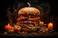 Big Beef Hamburger topped with cheese sauce with a Halloween theme