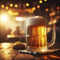 Big beer in mug on wooden table. ai generative Royalty Free Stock Photo