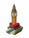 Big Ben building with Telephone box and Double Decker Bus famous landmark at London, England illustration isometric vector Royalty Free Stock Photo