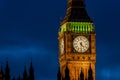 Big Ben clock face at night with silhouette of Houses of Parliament in foreground Royalty Free Stock Photo