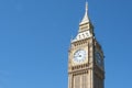 Big Ben clock tower close up in London on the blue sky. Symbol of London, United Kingdom. Royalty Free Stock Photo