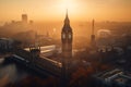 Big Ben Clock Tower in London on sunset. Westminster Bridge in London city aerial view. Royalty Free Stock Photo