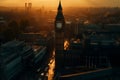 Big Ben Clock Tower in London on sunset. Westminster Bridge in London city aerial view. Royalty Free Stock Photo