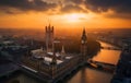 Big Ben Clock Tower in London on sunset. Westminster Bridge in London city aerial view. Royalty Free Stock Photo