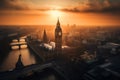 Big Ben Clock Tower in London on sunset. Westminster Bridge in London city aerial view.