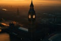 Big Ben Clock Tower in London on sunset. Westminster Bridge in London city aerial view.