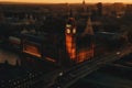 Big Ben Clock Tower in London on sunset. Westminster Bridge in London city aerial view. Royalty Free Stock Photo