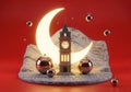 Big ben clock tower on a rock under a crescent moon with decorative ornaments Royalty Free Stock Photo