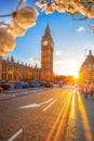 Big Ben with colorful sunset during spring time in London, England, UK