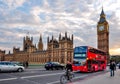 Big Ben and doubledecker bus on Westminster bridge at sunset, London, UK