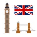 Big ben with flag and bridge famous. London concept