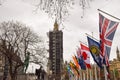 Big Ben and flags at Parliament Square in London for Commonwealth Day Royalty Free Stock Photo