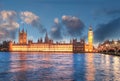 Big Ben and houses of Parliament during a beautiful evening in London, England, UK Royalty Free Stock Photo