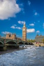 Big Ben and Houses of Parliament with boat in London, England, UK Royalty Free Stock Photo