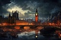 Big Ben and Houses of Parliament in London at night, UK, London City, AI Generated
