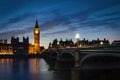 Big Ben and the Houses of Parliament at night from across the river Thames and Westminster bridge southbank in London, England, UK Royalty Free Stock Photo