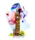 Big Ben, London UK. Sketch with colourful water colour effect