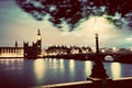 Big Ben, London The UK At Sunset. Retro Street Lamp Light On Westminster Bridge. Vintage