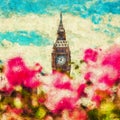 Big Ben, The Palace Of Westminster In London, UK Seen From Public Garden With Flowers