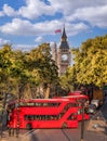 Big Ben with red buses in London, England, UK Royalty Free Stock Photo