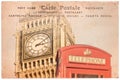 Big Ben and a red english phone booth in London, UK, collage on sepia vintage postcard background, word postcard in severa Royalty Free Stock Photo